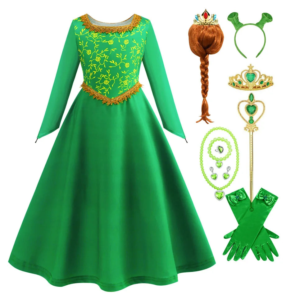 Fantasy Fiona Cosplay Girls Green Dress Clothing Cartoon Monster Costume Disguise Kids Role play Halloween Outfits Children