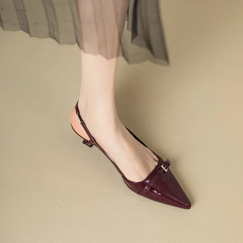 French-Style Pointed Patent Leather Mid-Heels