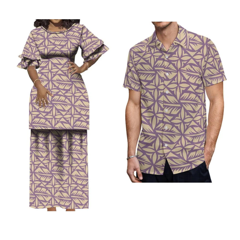 Matching Hawaiian Style Couple's Outfit: Women's Long Puletasi & Men's Summer Shirt