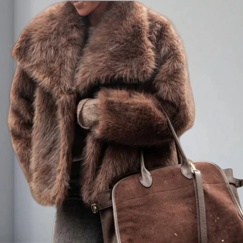 2025 Winter New Fashion Solid Color Fluffy Fur Coat Women High Street Luxury Big Fur Collar Faux Fox Fur Jacket Female Overcoats 6