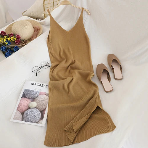 OCEANLOVE-V-Neck-Solid-Knitted-Dresses-Casual-All-Match-Simple-Fashion-Korean-Women-Dress-Elegant-Vestidos