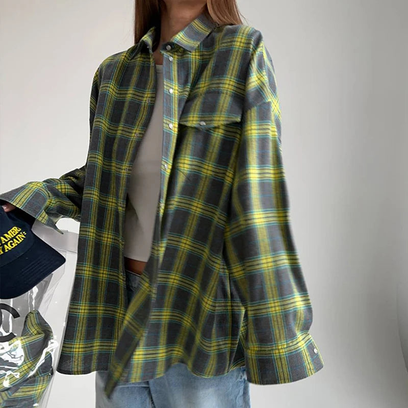 FSMG-Versatile Plaid Shirt For Women, Red Bright Grid, Oversized Blouse, Leisure And Fashionable Top, Spring And Autumn Seasons 5