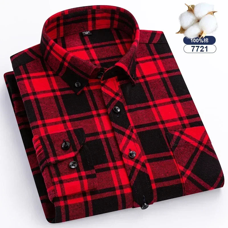 Autumn-Thick-Flannel-Shirt-Plaid-Shirts-Standard-Fit-For-Men-Long-Sleeve-Pure-Cotton-Fashion-Single