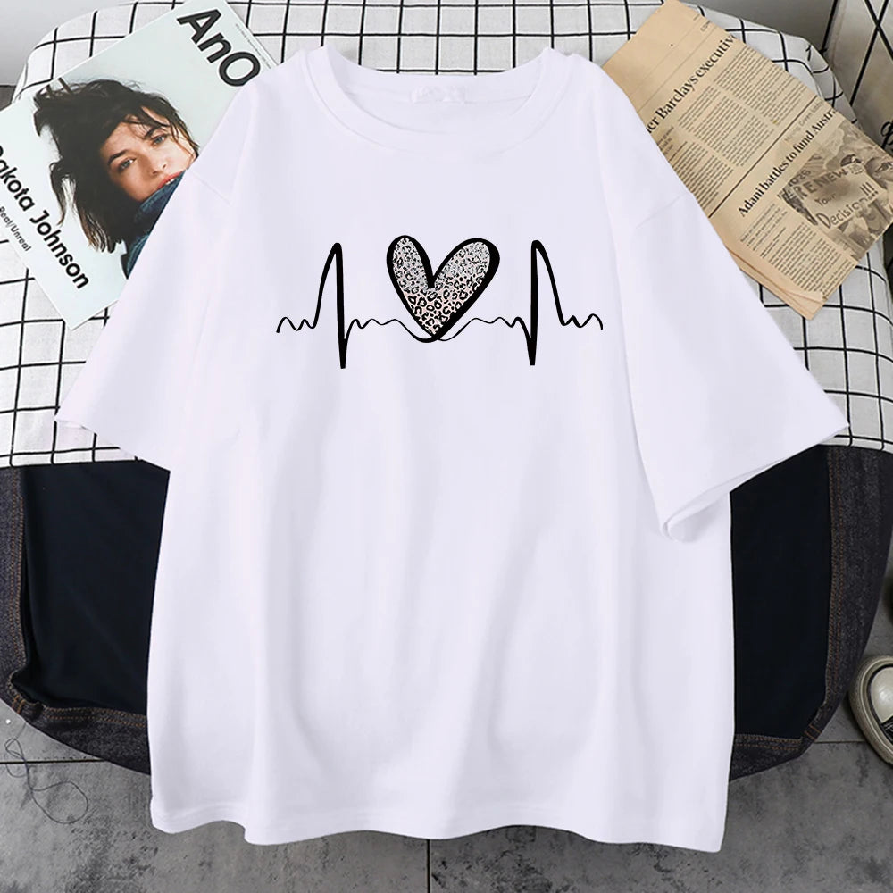 Leopard Heart Electrocardiogram T-Shirt Women Summer Soft Clothing Fashion Short Sleeve Plus Size Cotton Tshirts 5