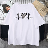 Leopard Heart Electrocardiogram T-Shirt Women Summer Soft Clothing Fashion Short Sleeve Plus Size Cotton Tshirts 5