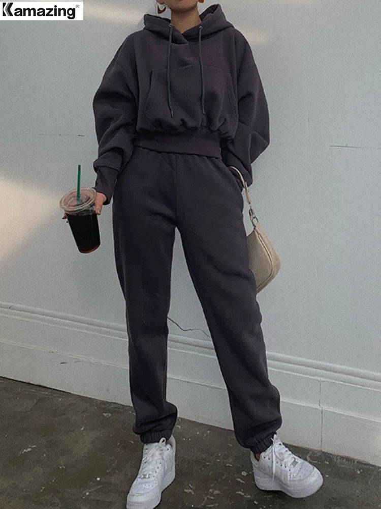 Hoodies Suit Winter Spring Solid Casual Tracksuit Women Fleece 2 Pieces Set Sports Sweatshirts Pullover Sweatpants Wholesale 1