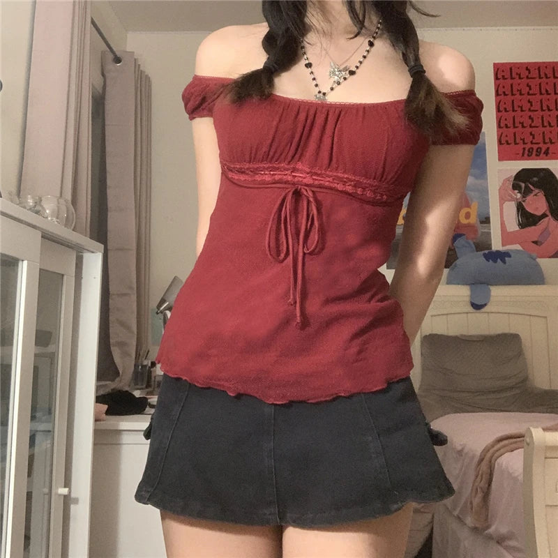 Xingqing 2000s Aesthetic Sweet Lace Tops Women Off Shoulder Drawstring T-shirt Korean Fashion Female Tee Fairy Grunge Streetwear 4