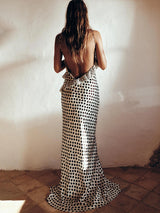 Backless Print Dots Flower Women Maxi Dress Spaghetti Strap Evening Dress 5