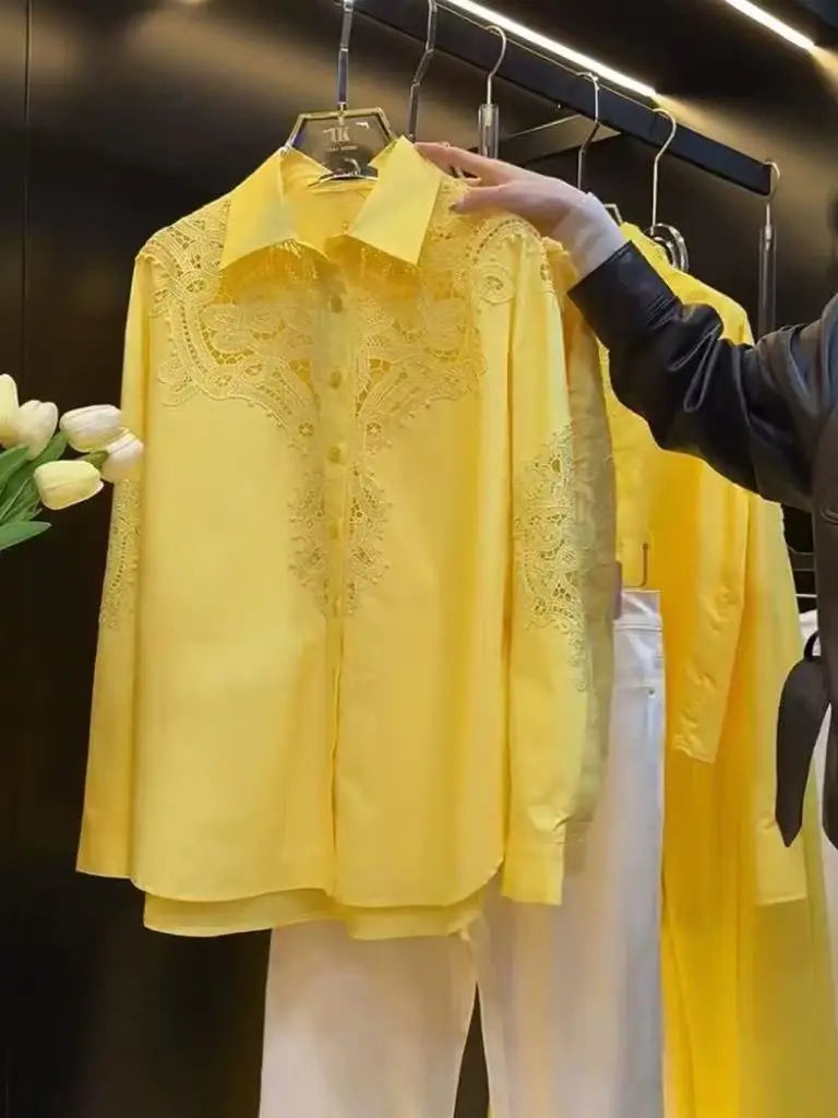 Luxury Brand Sparkle Sequins Hollow Out Lace Embroidery Cotton Blouses Shirts for Women 2025 Trend Long Sleeve Loose Casual Top 4