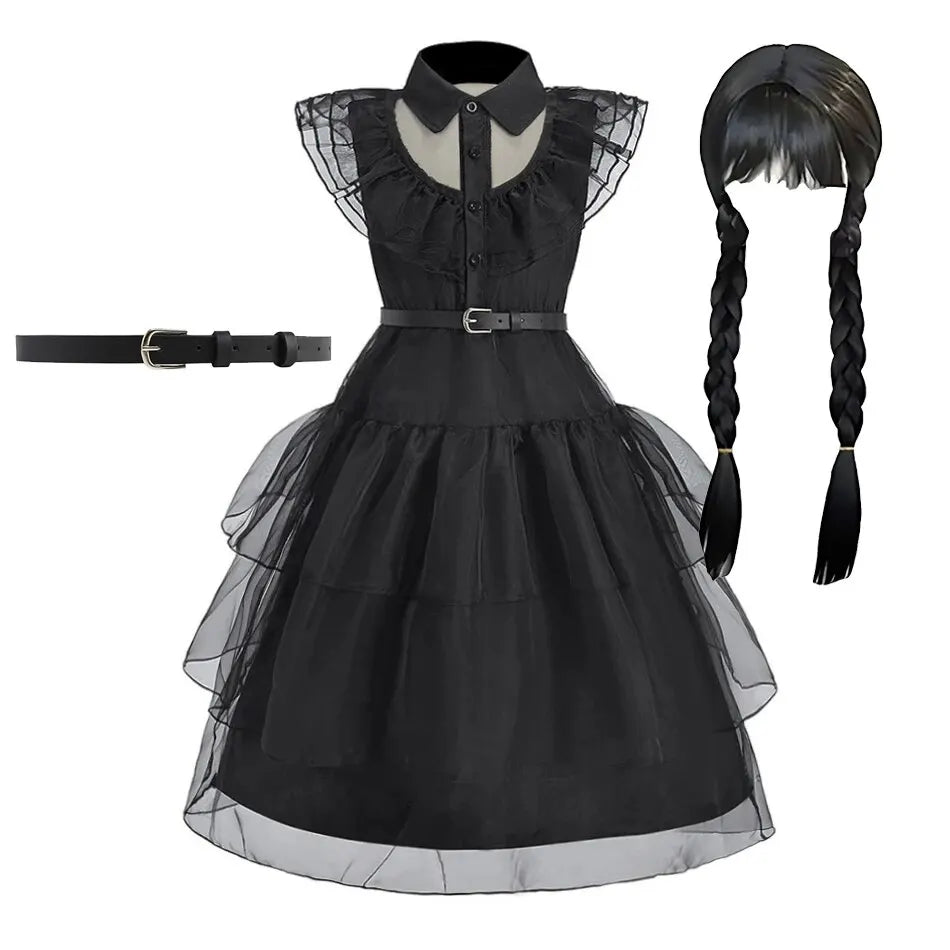 Girls' Wednesday-Inspired Black Princess Dress