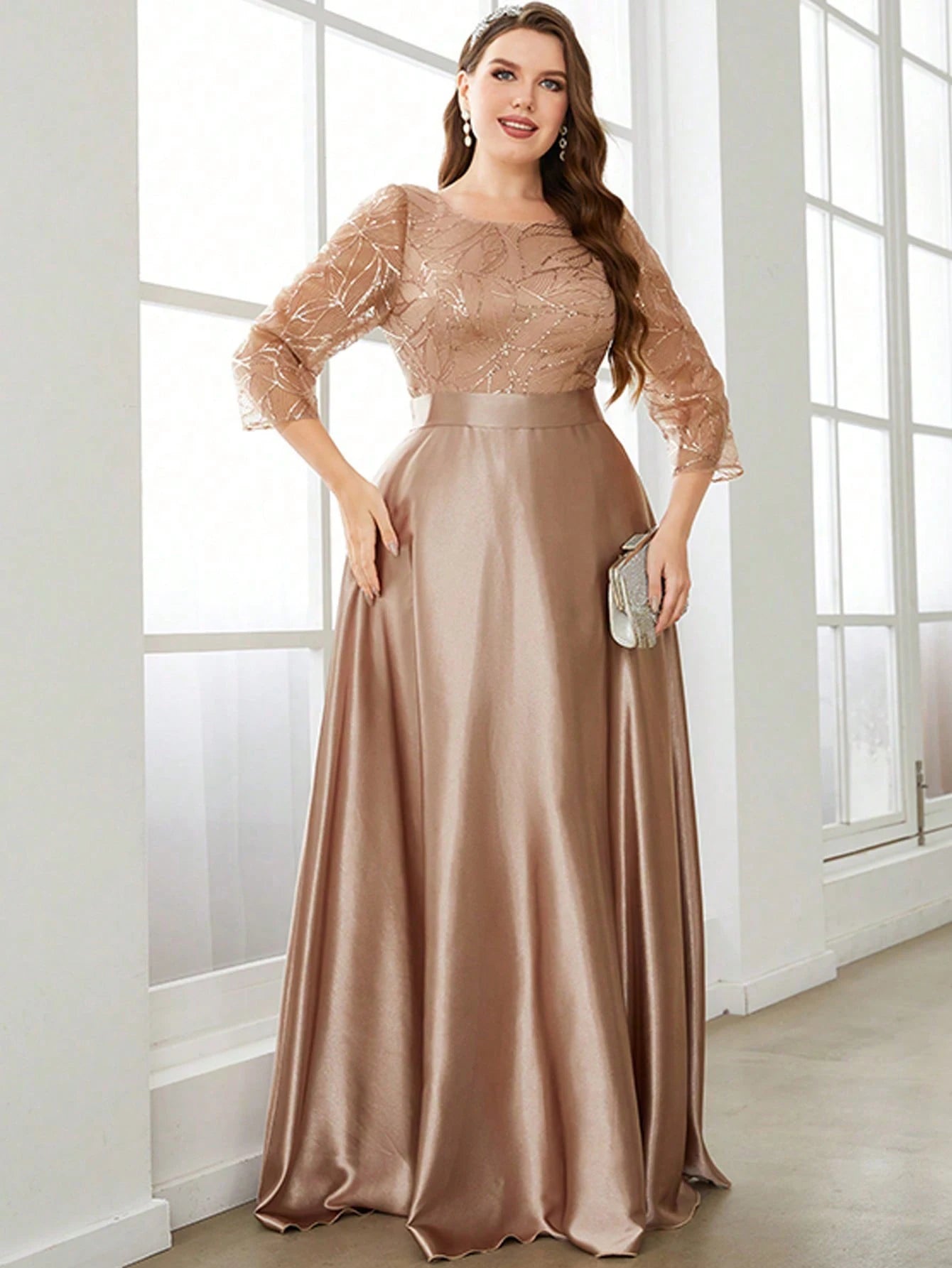 Mgiacy Crew neck long sleeve sequin patchwork satin long gown ball dress Party dress Bridesmaid dress 5