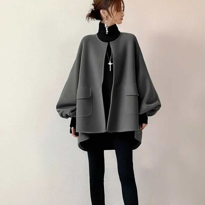 Autumn Winter New Fashion Women's Grey Solid Color Simple Basic Casual Trendy Elegant O-neck Long Sleeve Wool Cardigans Coats 2