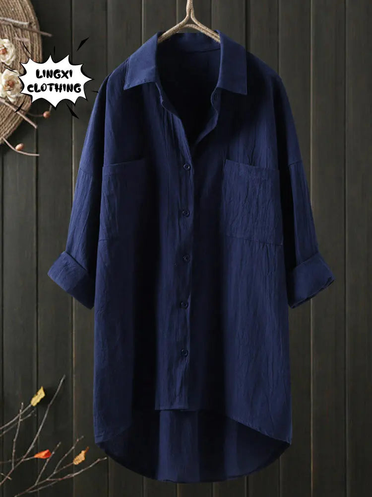 Elegant and Youth Woman Blouses Casual Home Cotton Linen Large Size Single Breasted Commuting Style Long Sleeved Shirt 6