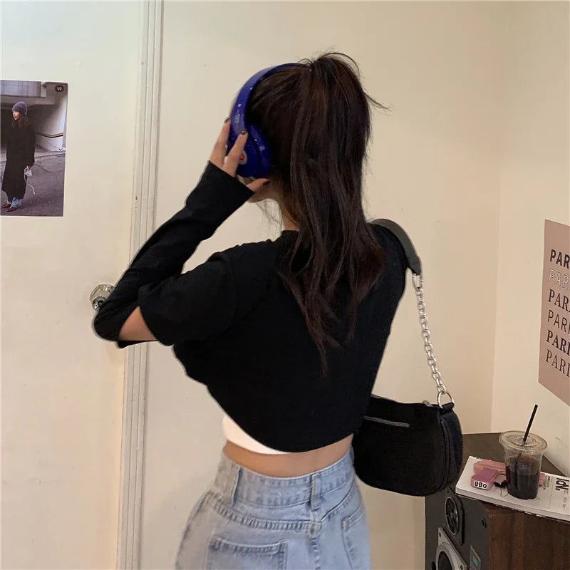 Long Sleeve T-shirts Women Patchwork Loose Crop Tops Hot Girls Casual Simple All-match Spring Ladies Chic Tees Camis Sets 2pecs 5
