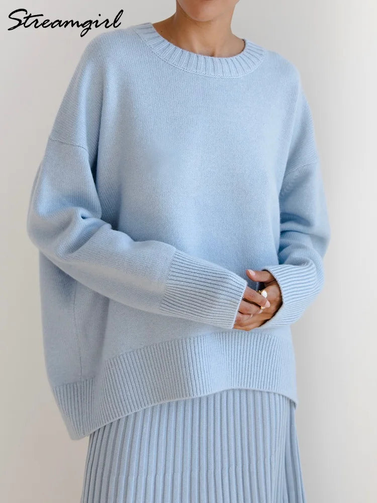 Light Blue Oversized Sweaters For Women 2024 Trend White Loose Sweater Casual Autumn Winter Warm Thick Knit Sweater Women Jumper 2