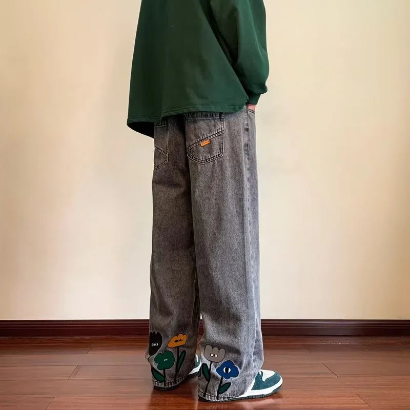 Men's Y2K Flower Printed Baggy Jeans | 2025 Streetwear Wide-Leg Denim Trousers 2