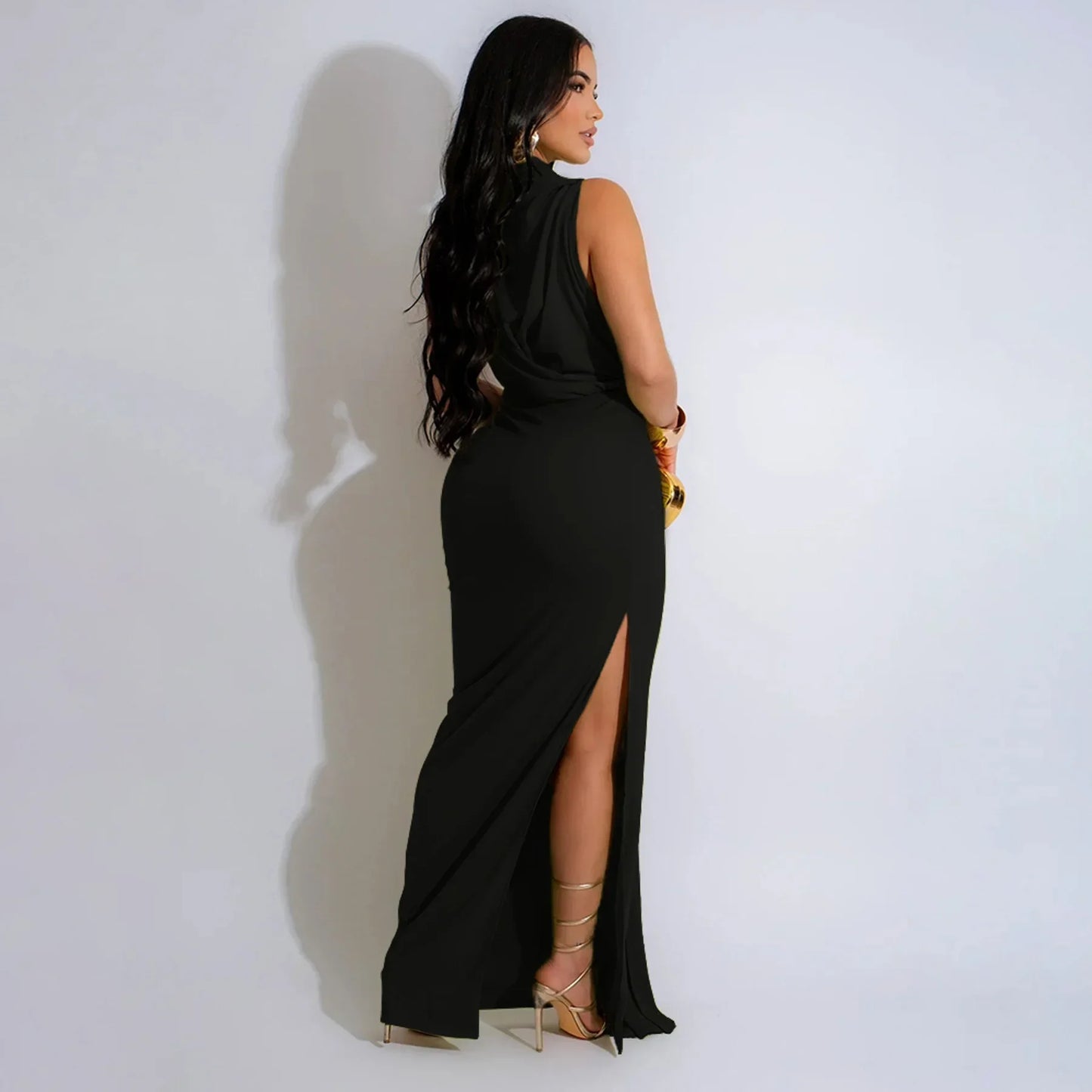 Women O-Neck High Split Ruched Stacked Bodycon Midi/Maxi Dress - Elegant Evening Party Dress 4