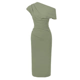 New Summer Elegant Women Evening Dress Chic Solid Sexy Diagonal Collar Folds Slim Midi Party Club Prom Robe Femme Mujer Vestidos 7