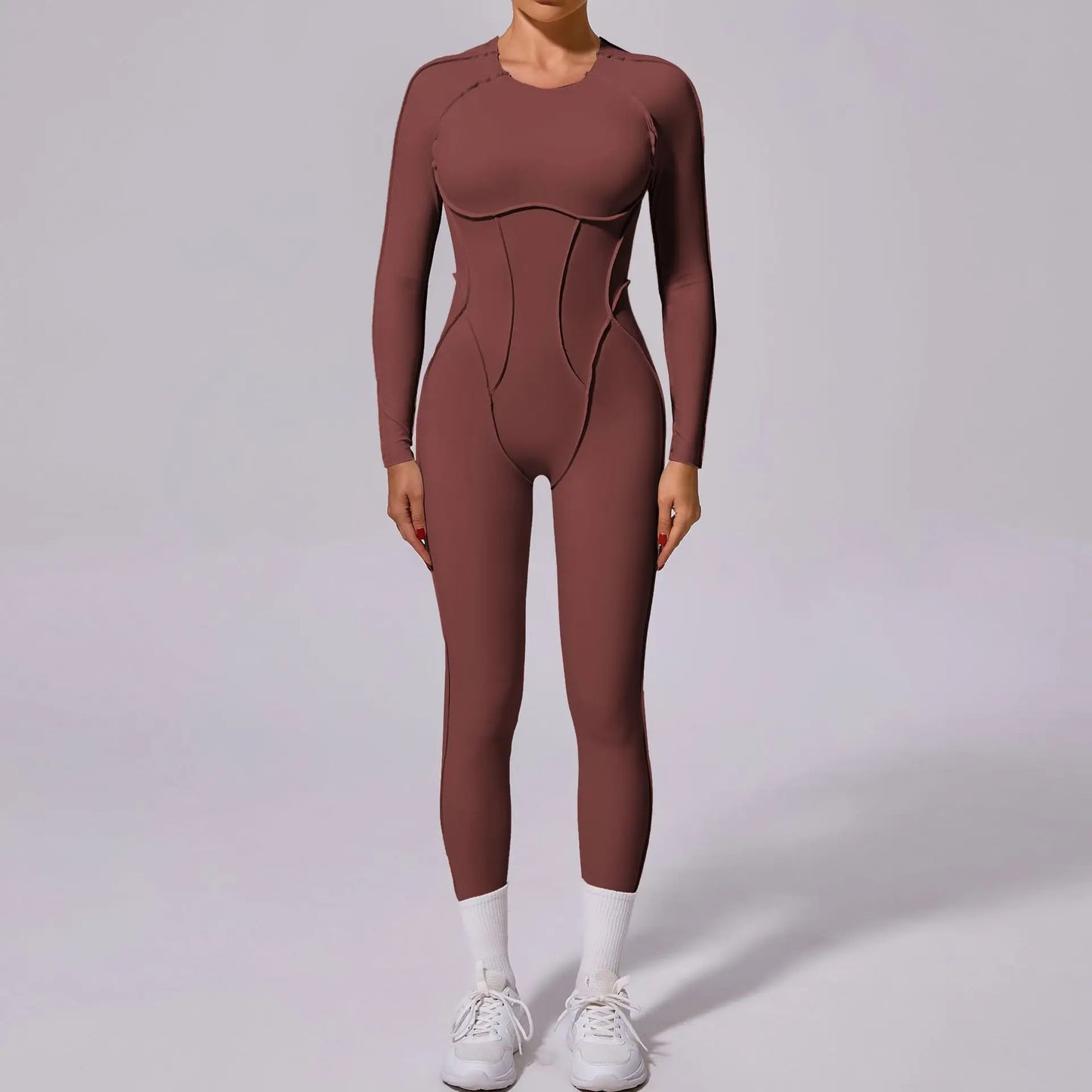 Elegant Ribbed Long-Sleeve Yoga Onesie | Open-Back Athletic Jumpsuit