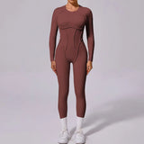 Elegant Ribbed Long-Sleeve Yoga Onesie | Open-Back Athletic Jumpsuit