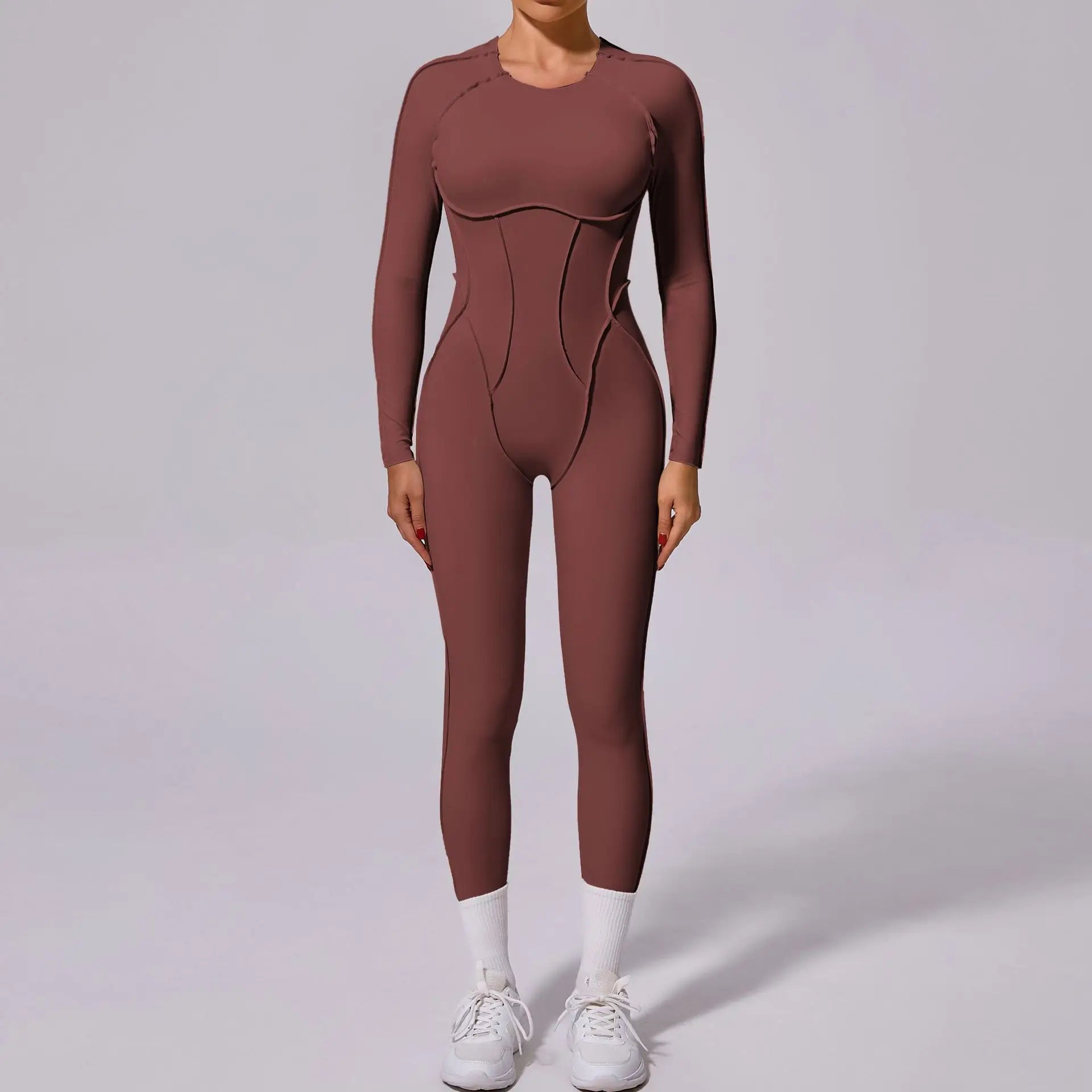 Elegant Ribbed Long-Sleeve Yoga Onesie | Open-Back Athletic Jumpsuit