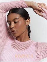 Kozoca Fashion White Elegant Striped See Through Women Tops Outfits Long Sleeve T-Shirts Tees Skinny Club Party Chic Clothes 6