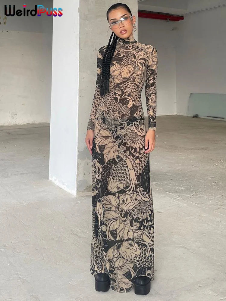 Weird-Puss-Mesh-Print-Women-Maxi-Dress-Turtleneck-Full-Sleeve-Bodycon-Autumn-Trendy-Hipsters-High-Street