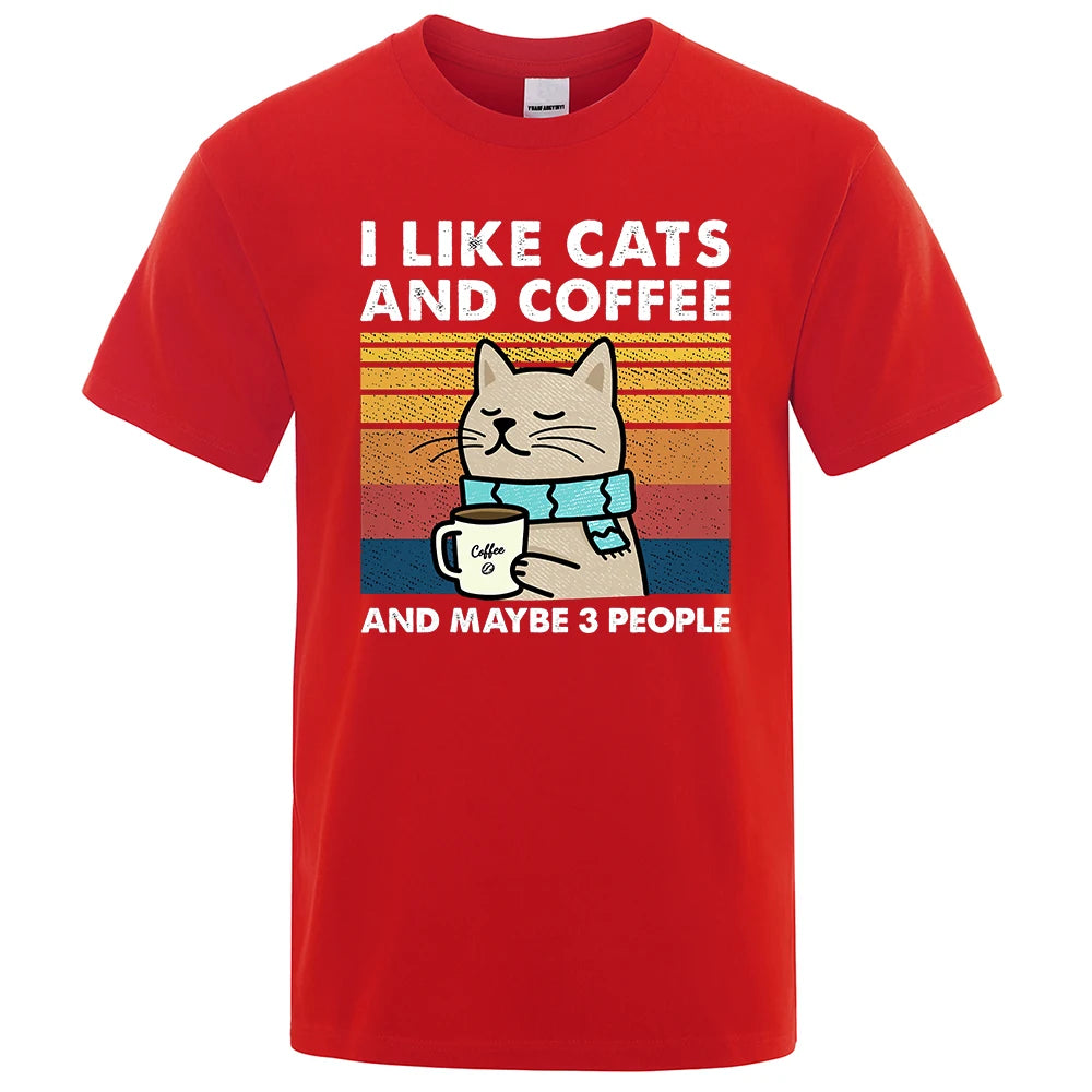 "I Like Cats and Coffee" Funny T-Shirt for Men | Casual Loose Fit Cotton Crewneck | Hip Hop Style