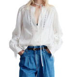 Elegant Lace-Accent Balloon Sleeve Blouse