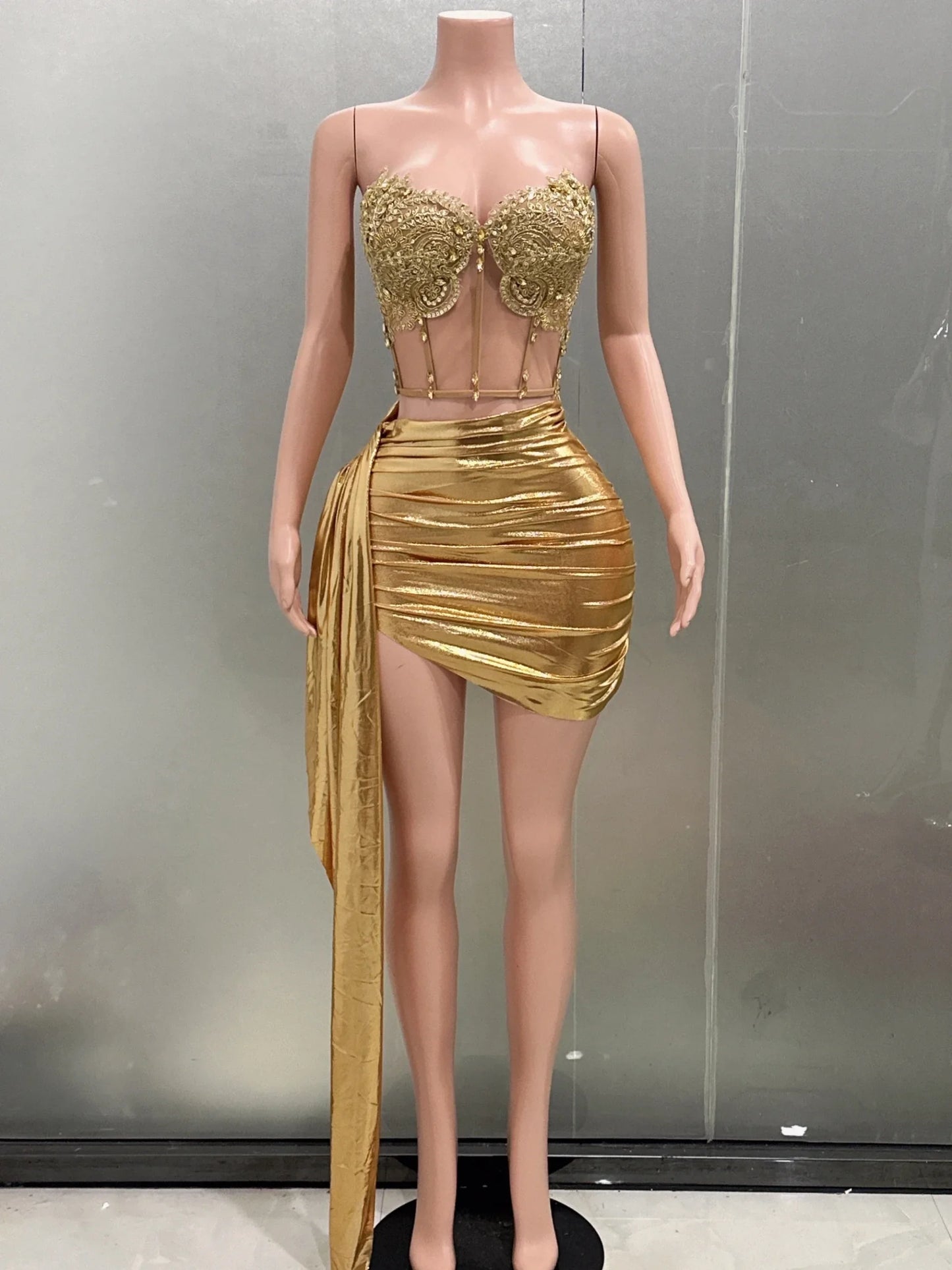 Gold Color Women Sexy 2 Pieces Strapless Bodycon Mini Dress Bar Singer Nightclub Party Celebrate Birthday Dress