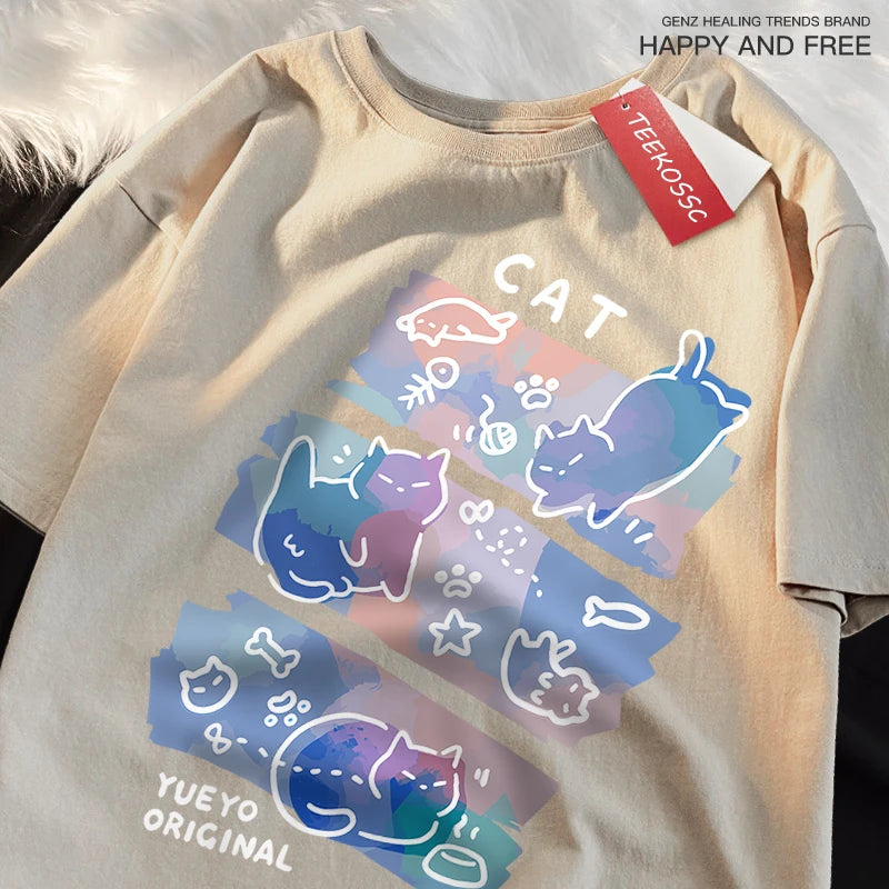 Fun-Mischievous-Cat-Print-Japanese-Style-T-Shirts-Men-Women-Fashion-Tshirs-Breathable-Summer-T-Shirts
