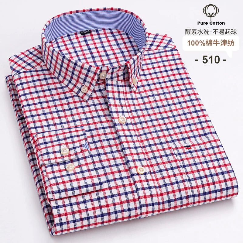 100-Cotton-Oxford-Men-s-Shirts-Long-Sleeves-Plaid-Soft-Regular-Fit-Formal-Dress-Shirt-Pocket