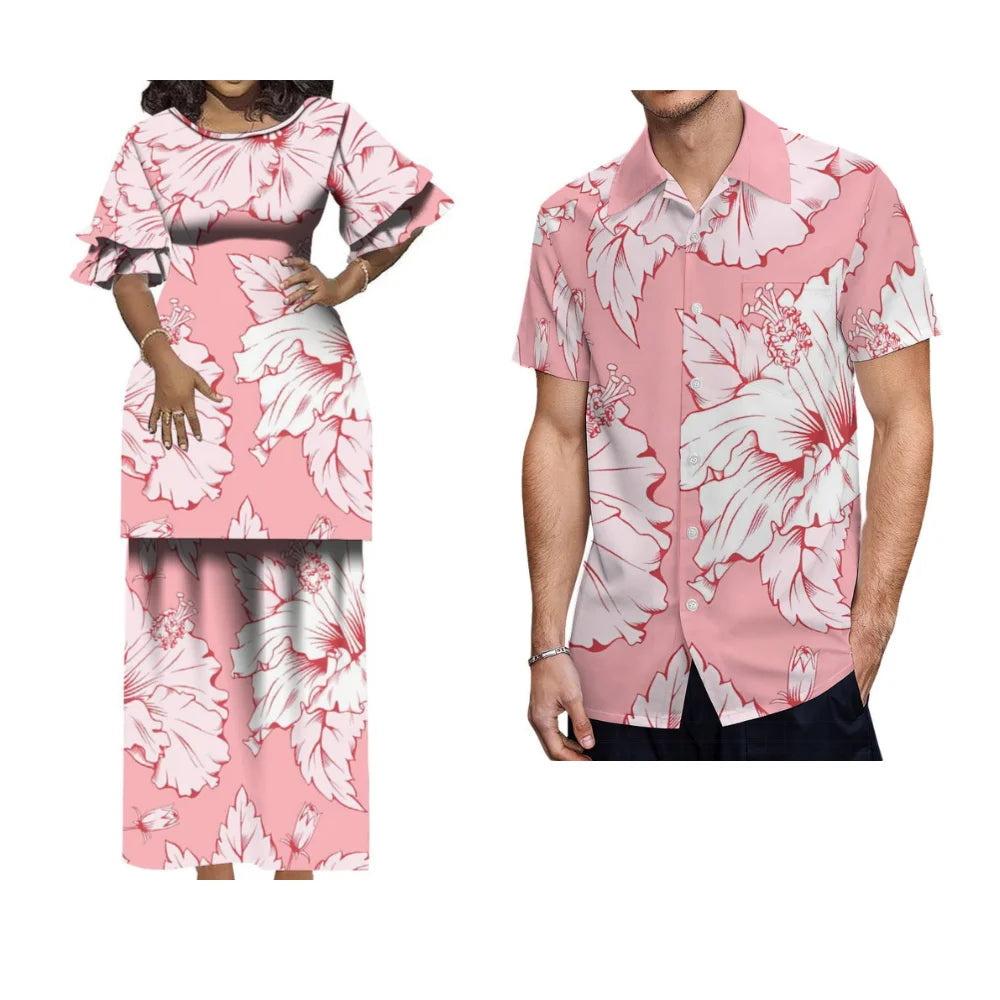 Matching Hawaiian Style Couple's Outfit: Women's Long Puletasi & Men's Summer Shirt