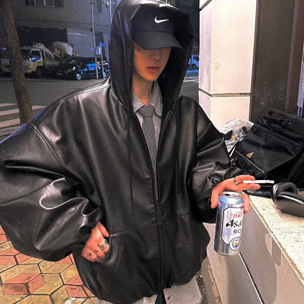 High Street Black Color Pu Leather WIndbreaker Coat Mens and Women Cleanfit Casual Loose Zipper Hooded Jackets Oversized 5