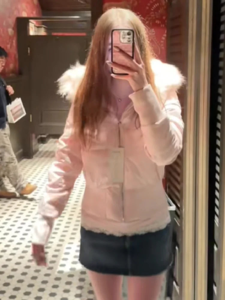 Full Winter Faux Fur Collar Hooded Jacket For Women Slim Waist Solid Crop Warm Padded Coat 2025 High Street New Lady Outwears 3