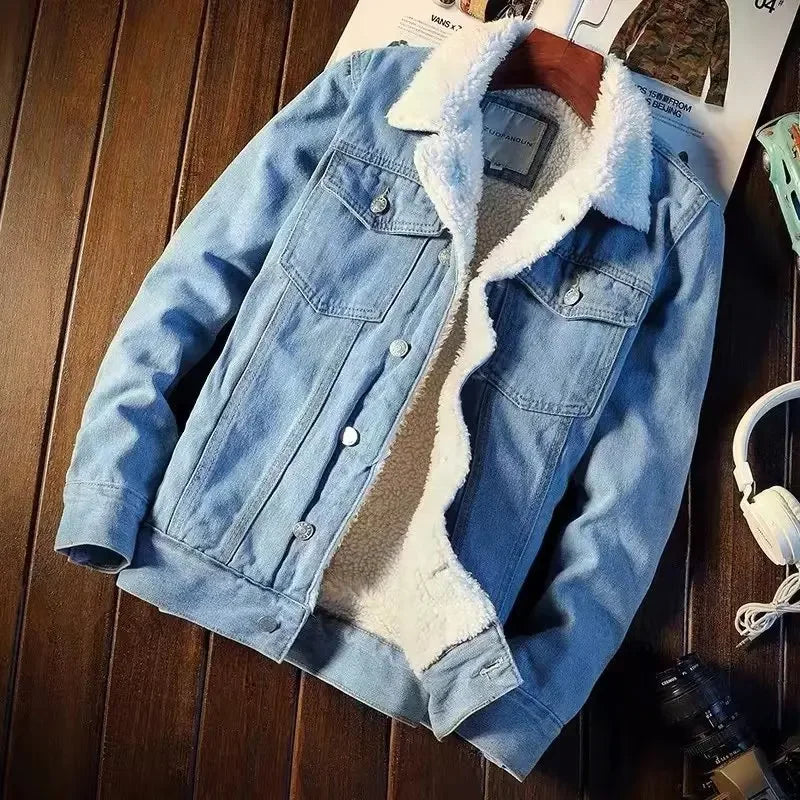 Men's Fleece Lined Winter Denim Jacket | Trendy Korean & Japanese Style | Loose Fit