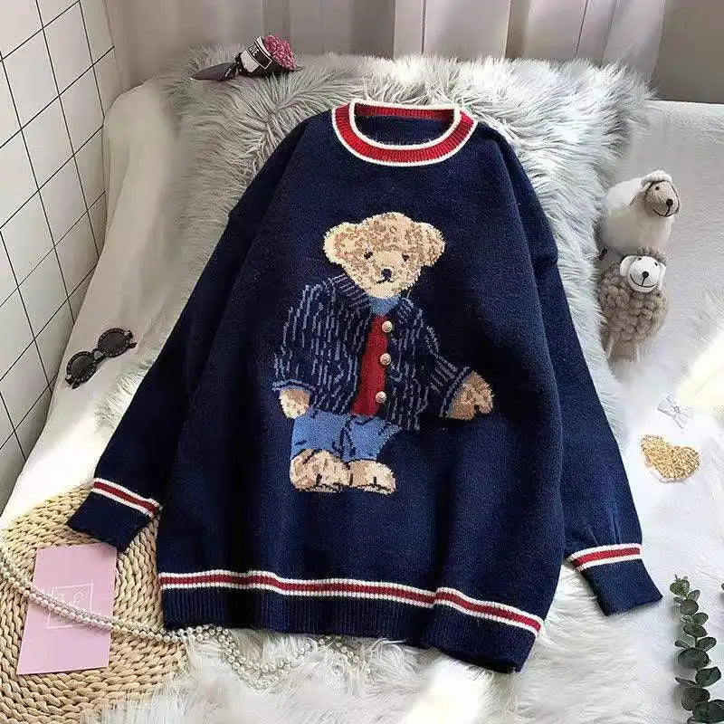 2024 Autumn Winter Women's Vest Japanese Style Cartoon Bear Pullover Vest Sweater Oversize Harajuku Kawaii Clothes Knitted Vest 4