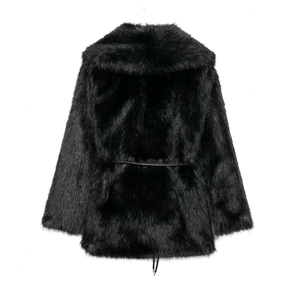 Women's Belt Decoration Collar Solid Color Medium Long Coat Autumn/Winter New Long Sleeve Loose Coat 3