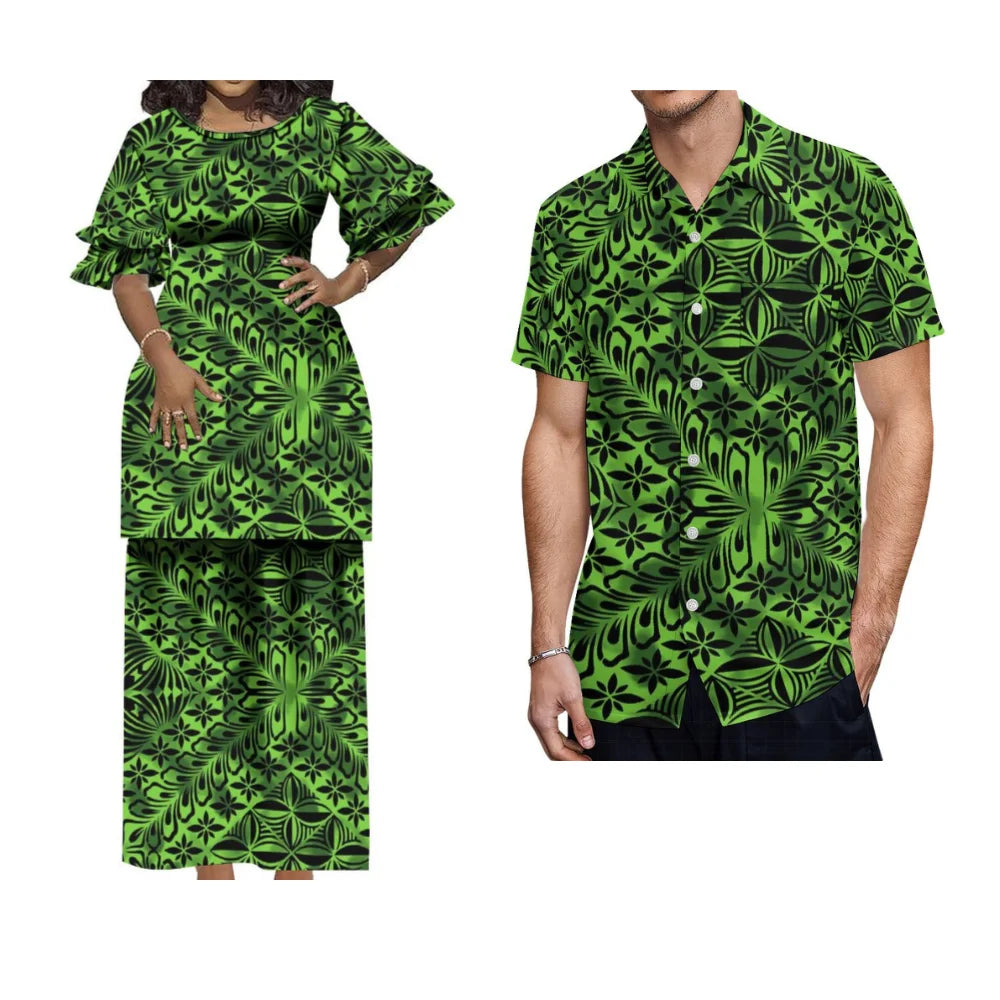 Matching Hawaiian Style Couple's Outfit: Women's Long Puletasi & Men's Summer Shirt