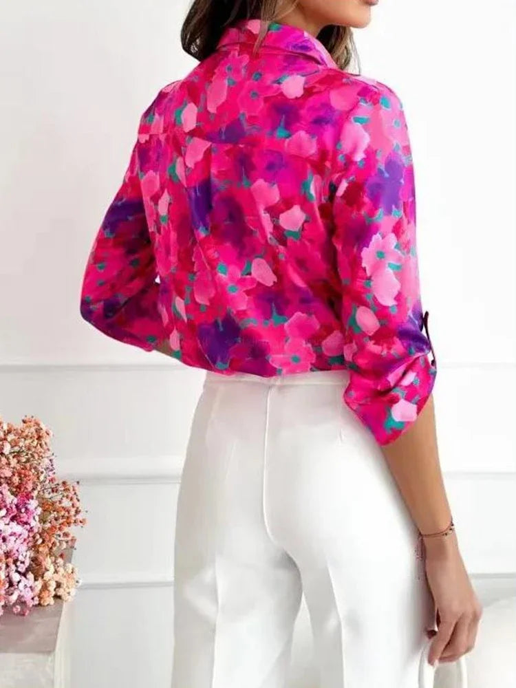 Women's S-2XL size Fashion Commuter Temperament Elegant Flower Print Long Sleeve Blouse Shirt Collar Commuter 2