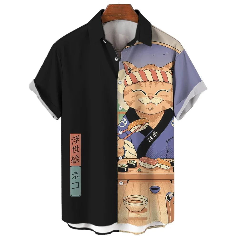 Cool Samurai Cat Tops Summer New Men's Clothing Casual Short-Sleeved Anime Loose Blouse Hawaiian Shirts 5