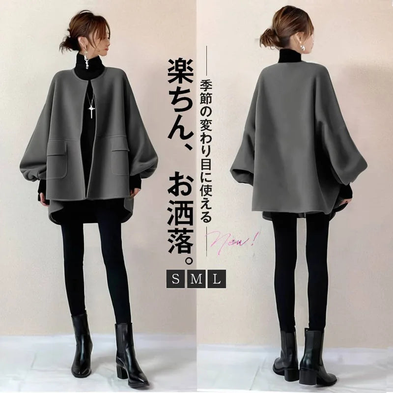 Autumn Winter New Fashion Women's Grey Solid Color Simple Basic Casual Trendy Elegant O-neck Long Sleeve Wool Cardigans Coats