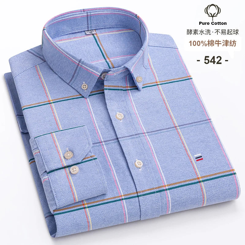 100-Cotton-Oxford-Men-s-Shirts-Long-Sleeves-Plaid-Soft-Regular-Fit-Formal-Dress-Shirt-Pocket