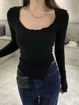 Long Sleeve T-shirts Women Fungus Line Irregular Hem Knitted Slender Autumn Bottoming Tees Chic Fashion Sexy Solid Ulzzang New 4
