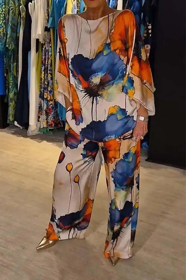 2 Piece Women's Printed Satin Pant Set - Round Neck 3/4 Sleeve Summer Outfit