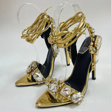 Glamorous Gold Ankle Strap Sandals for Women | Crystal Embellished Party Heels 6