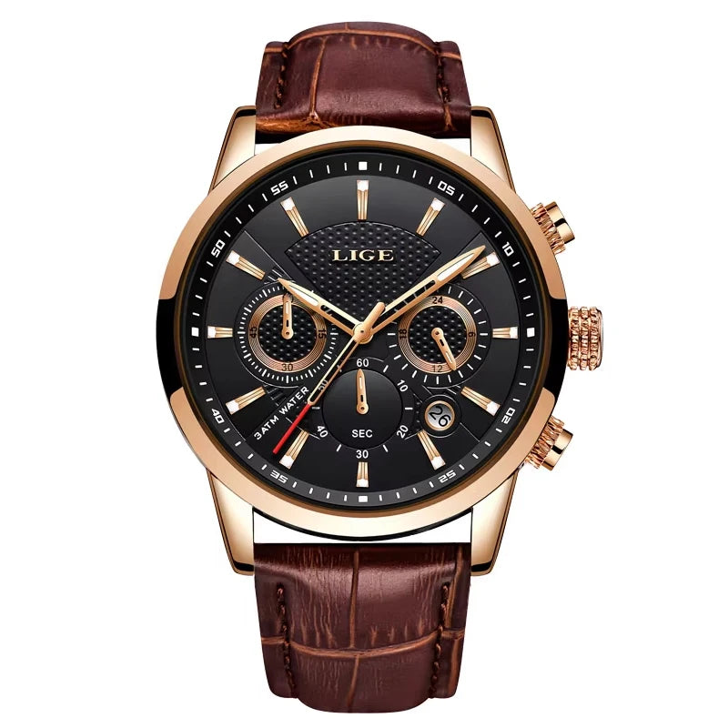 LIGE Mens Watches Luxury Waterproof Military Sport Man Watch Chronograph Genuine Leather Men Quartz Wristwatch Relogio Masculino