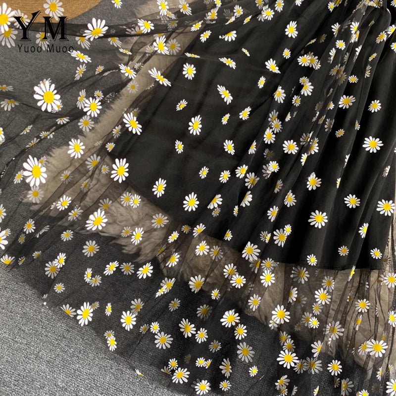 YKorean Fashion Daisy Flower Print Mesh Party Dress Summer Two Layers Spaghetti Strap Vacation Midi Dress 5