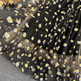 YKorean Fashion Daisy Flower Print Mesh Party Dress Summer Two Layers Spaghetti Strap Vacation Midi Dress 5