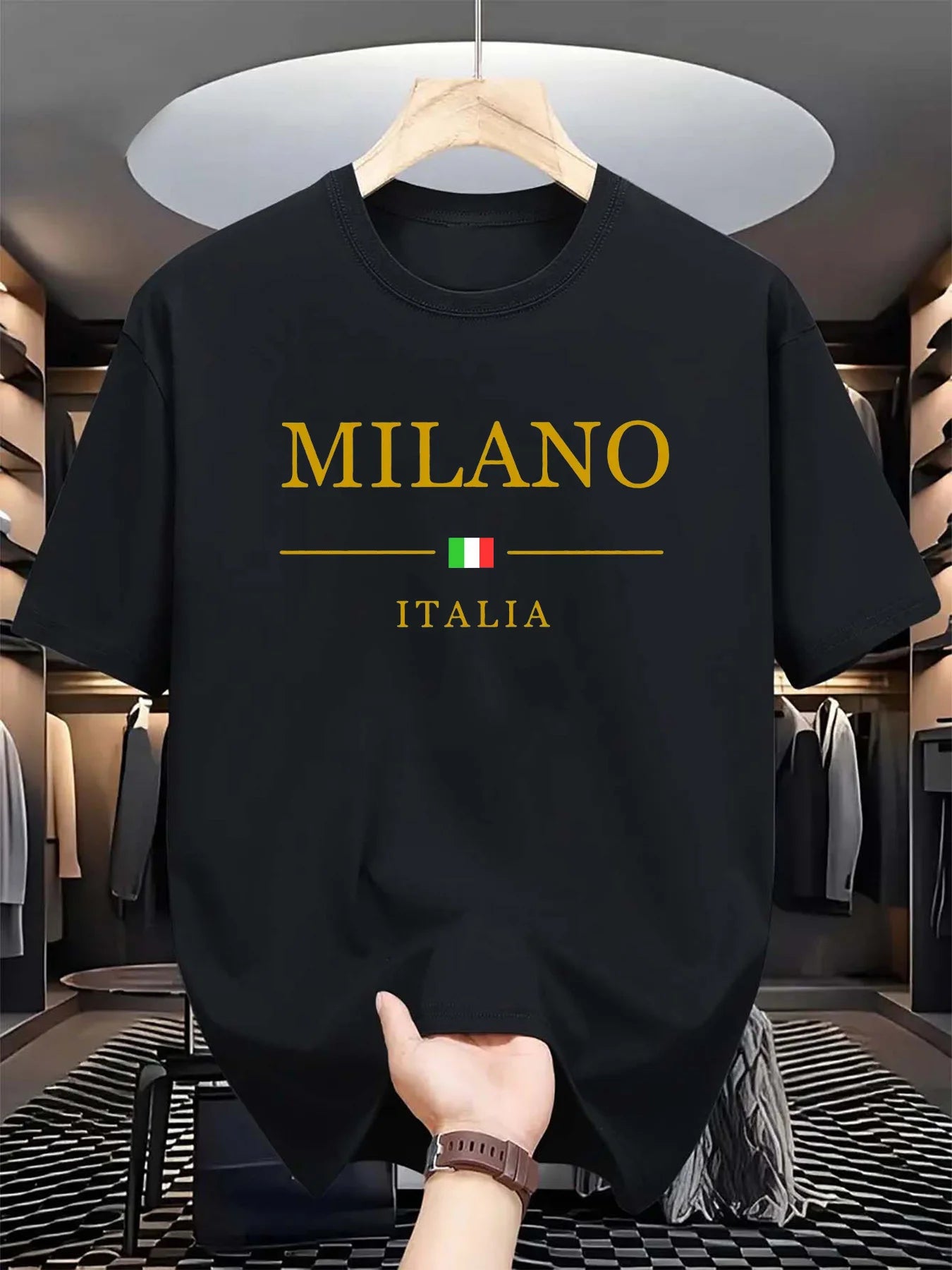 Men's summer 100 cotton fashionable casual loose plus size MILANO ITALIA pattern printed sports round neck short sleeved T-shirt 2